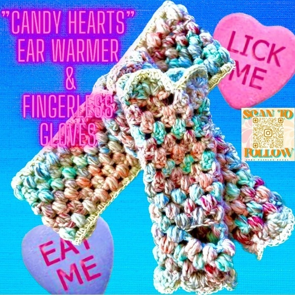 𝅺CROCHETED EAR WARMER AND FINGERLESS GLOVES SET IN PASTEL PUFF STITCH - Picture 1 of 10
